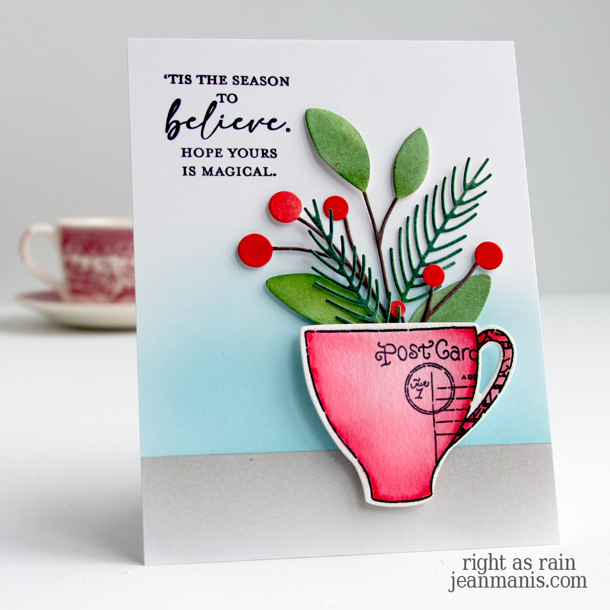 Watercolored Teacup with Holiday Greenery