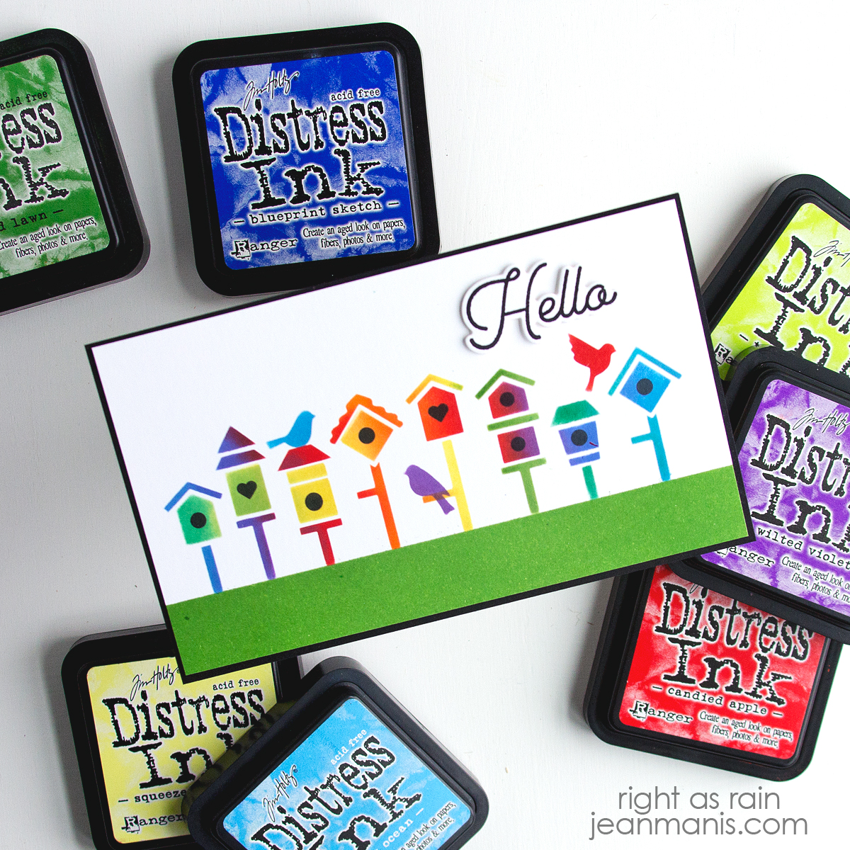 Hello Card with Stenciled Rainbow Birdhouses