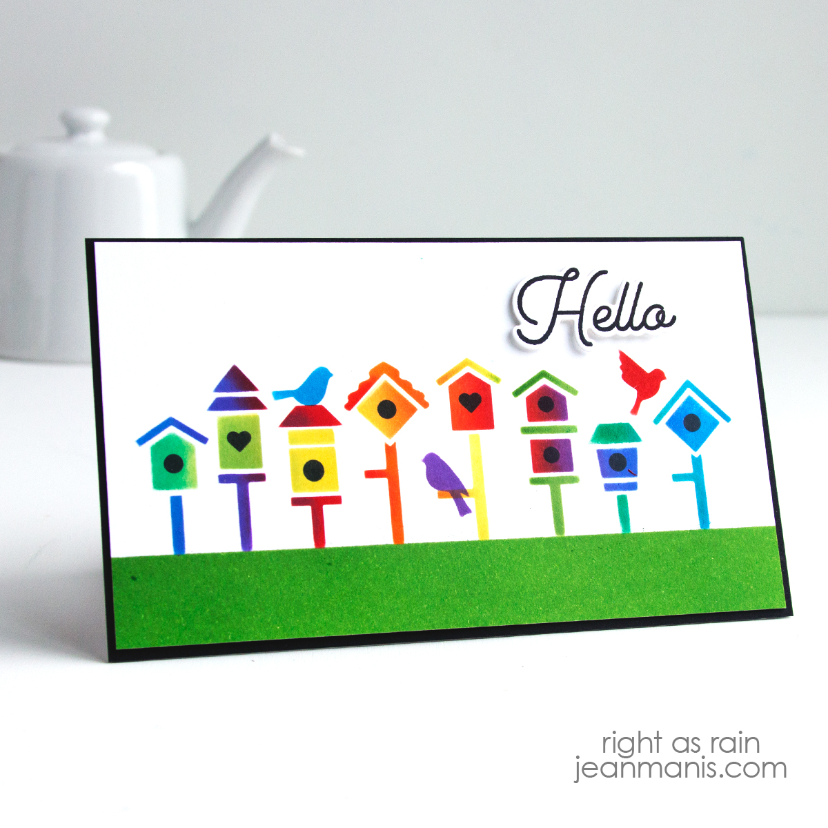 Hello Card with Stenciled Rainbow Birdhouses