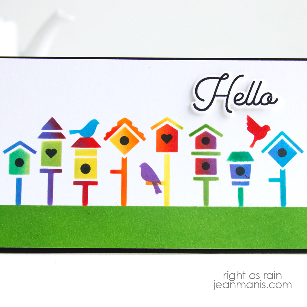 Hello Card with Stenciled Rainbow Birdhouses